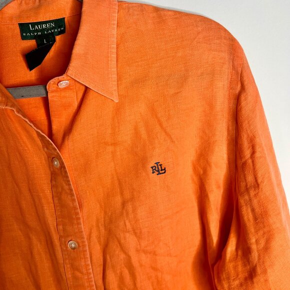 Lauren Ralph Lauren 100% Linen Orange Button-Up Monogrammed Oversized Sz Large - Picture 3 of 4
